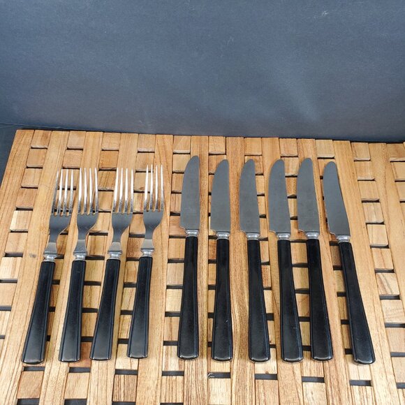 Vintage Bakelite-Handled Flatware Set – Elegant MCM Stainless Steel Black Handle - Picture 10 of 14